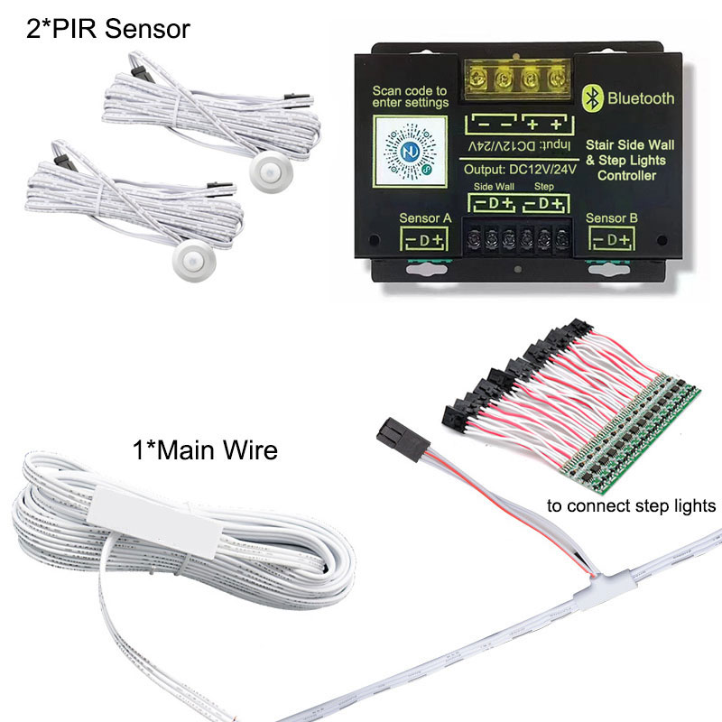 DC12/24V Bluetooth Motion Sensor Stair Side Wall & Step Light LED Controller, Main Wire Version DC12/24V Bluetooth Motion Sensor Stair Side Wall & Step Light LED Controller, Main Wire Version